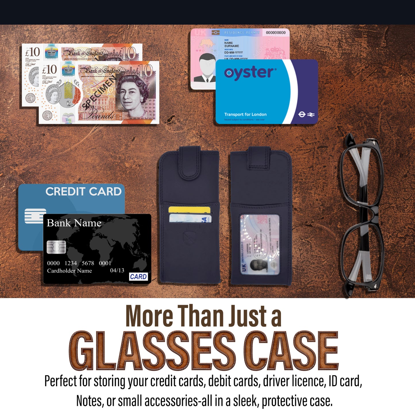 ALLEN & MATE 100% Leather Slim Glasses Case for Reading and Computer Glasses for Men/Women with Optional Inbuilt Card Holder