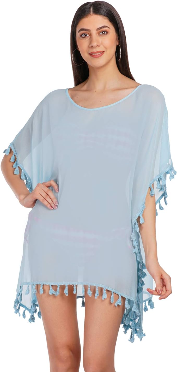 ALLEN & MATE Chiffon Tassel Swimsuit Beach Bathing Suit Cover Ups for Women Summer Casual Swimwear Bikini Beach Dress Swim Bathing Suit