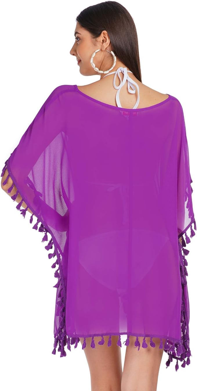 ALLEN & MATE Chiffon Tassel Swimsuit Beach Bathing Suit Cover Ups for Women Summer Casual Swimwear Bikini Beach Dress Swim Bathing Suit