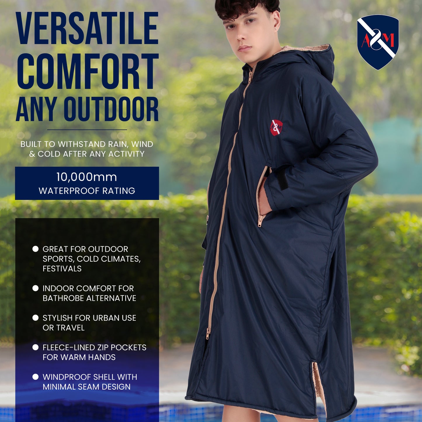 ALLEN & MATE Adult Waterproof Changing Jacket, Sherpa Fleece-Lined and Swim Coat Parka, Heavy Duty Windproof Winter Robe