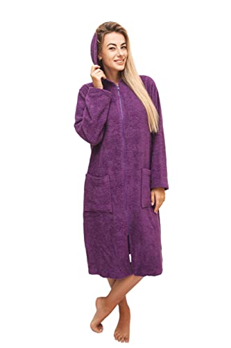 ALLEN & MATE Ladies 100% Cotton Towelling Bathrobe Dressing Gown, Bath Towel for Ladies With Zip, Womens Hooded Dressing Gowns