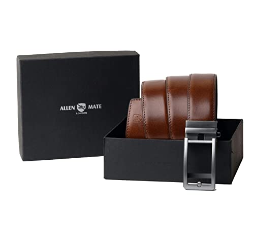 ALLEN & MATE Ratchet Leather Belts for Men- Trim to Fit, Casual Dress Belt, Men Jeans Suits (Directly Suitable for Waist Size: 28"-40")
