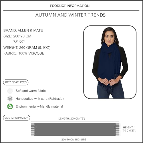 ALLEN & MATE Handcrafted Soft Pashmina Shawl Scarf Wrap Stole for Women in Solid Colors