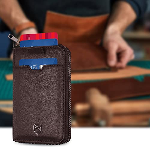 ALLEN & MATE Mens Wallet with Zip, RFID Blocking Slim Leather Wallet, Credit Card Holder, Leather Zipped Wallet for Men Women, Holds up to 12 Cards, Bank Notes, Coins