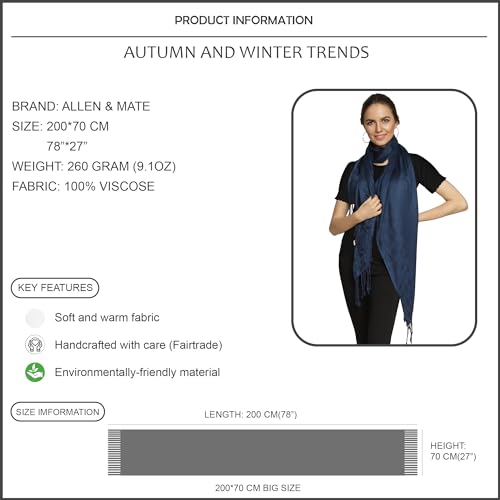 ALLEN & MATE Handcrafted Soft Pashmina Shawl Scarf Wrap Stole for Women in Solid Colors