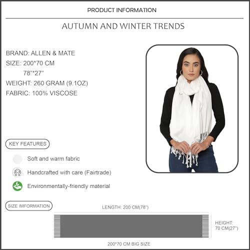 ALLEN & MATE Handcrafted Soft Pashmina Shawl Scarf Wrap Stole for Women in Solid Colors