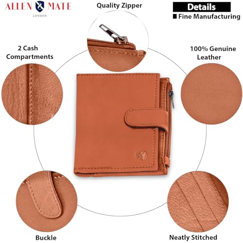 ALLEN & MATE Leather Card Holder Slim Wallet with Zip Coin Pocket, RFID Blocking Minimalist Wallet Credit Card Holder, Holds up to 7 Cards and Bank Notes, with Gift Box