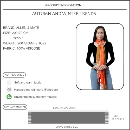 ALLEN & MATE Handcrafted Soft Pashmina Shawl Scarf Wrap Stole for Women in Solid Colors