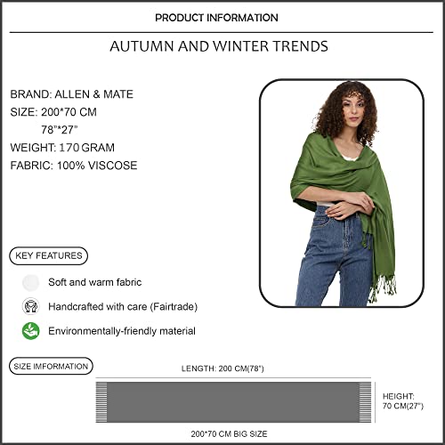 ALLEN & MATE Handcrafted Soft Pashmina Shawl Scarf Wrap Stole for Women in Solid Colors