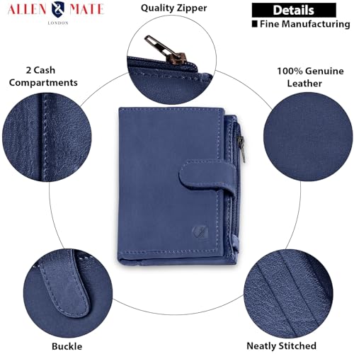ALLEN & MATE Leather Card Holder Slim Wallet with Zip Coin Pocket, RFID Blocking Minimalist Wallet Credit Card Holder, Holds up to 7 Cards and Bank Notes, with Gift Box