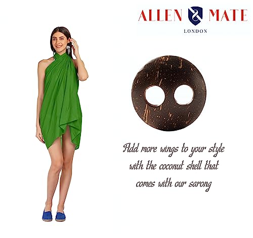 ALLEN & MATE Womens Cotton Beach Cover Up Sarong Pareo Swimsuit Cover-Up Wrap Skirt Many Solid Colours with Coconut Shell