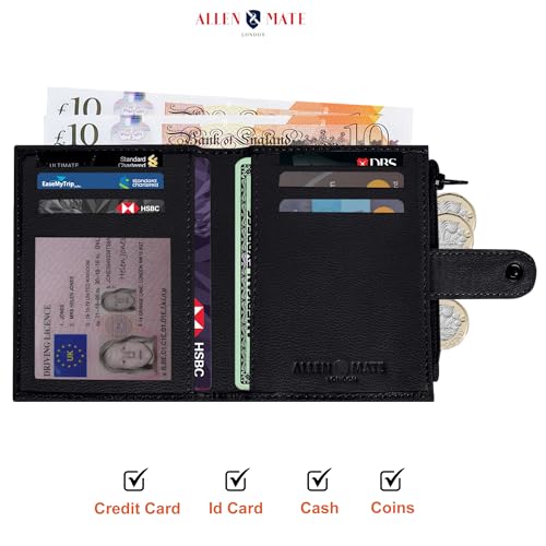 ALLEN & MATE Leather Card Holder Slim Wallet with Zip Coin Pocket, RFID Blocking Minimalist Wallet Credit Card Holder, Holds up to 7 Cards and Bank Notes, with Gift Box