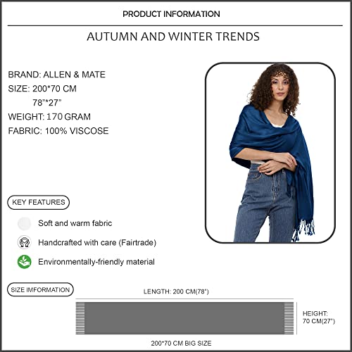 ALLEN & MATE Handcrafted Soft Pashmina Shawl Scarf Wrap Stole for Women in Solid Colors