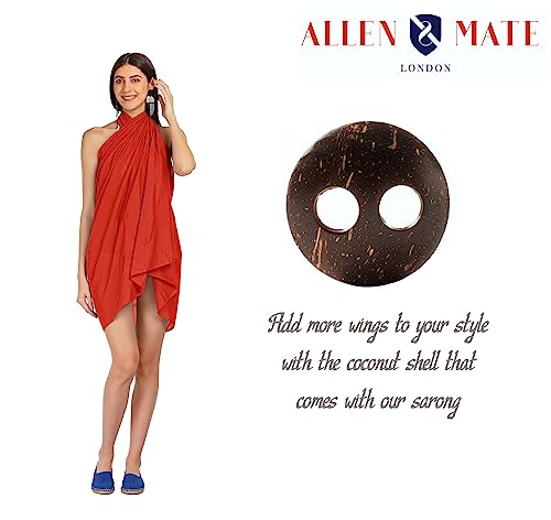 ALLEN & MATE Womens Cotton Beach Cover Up Sarong Pareo Swimsuit Cover-Up Wrap Skirt Many Solid Colours with Coconut Shell