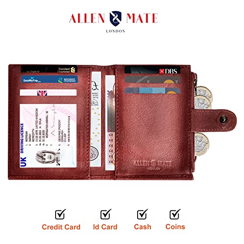 ALLEN & MATE Leather Card Holder Slim Wallet with Zip Coin Pocket, RFID Blocking Minimalist Wallet Credit Card Holder, Holds up to 7 Cards and Bank Notes, with Gift Box