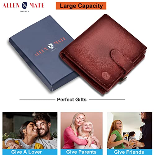 ALLEN & MATE Leather Card Holder Slim Wallet with Zip Coin Pocket, RFID Blocking Minimalist Wallet Credit Card Holder, Holds up to 7 Cards and Bank Notes, with Gift Box