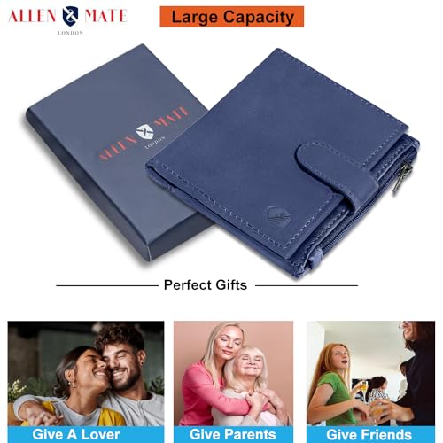 ALLEN & MATE Leather Card Holder Slim Wallet with Zip Coin Pocket, RFID Blocking Minimalist Wallet Credit Card Holder, Holds up to 7 Cards and Bank Notes, with Gift Box