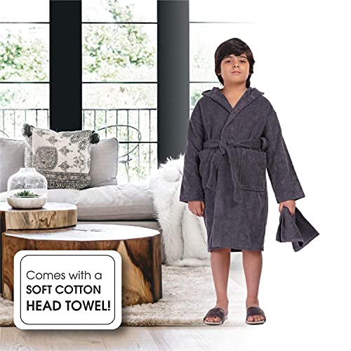 ALLEN & MATE Children 100% Cotton Hooded Bathrobe for Kids Boys Girls Soft Terry Towel Dressing Gown 2-13 Years