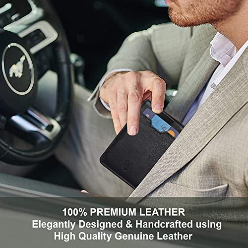 ALLEN & MATE Leather Slim Minimalist Wallet with RFID Blocking, Credit Card Holder Card Wallet, Holds up to 7 Cards with Keyring with Gift Box