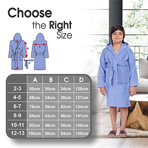 ALLEN & MATE Children 100% Cotton Hooded Bathrobe for Kids Boys Girls Soft Terry Towel Dressing Gown 2-13 Years