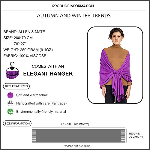 ALLEN & MATE Handcrafted Soft Pashmina Shawl Scarf Wrap Stole for Women in Solid Colors