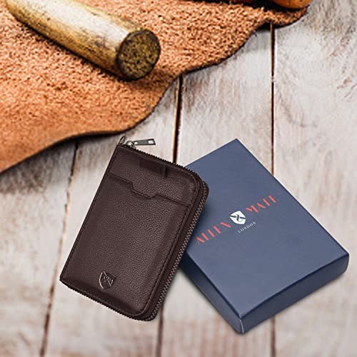 ALLEN & MATE Mens Wallet with Zip, RFID Blocking Slim Leather Wallet, Credit Card Holder, Leather Zipped Wallet for Men Women, Holds up to 12 Cards, Bank Notes, Coins