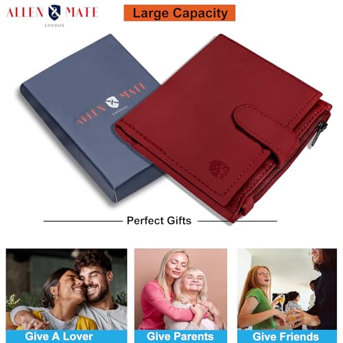 ALLEN & MATE Leather Card Holder Slim Wallet with Zip Coin Pocket, RFID Blocking Minimalist Wallet Credit Card Holder, Holds up to 7 Cards and Bank Notes, with Gift Box