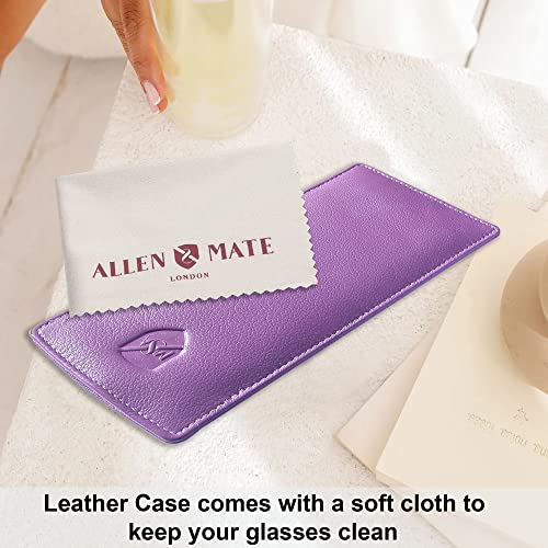 ALLEN & MATE Real Leather Reading Glasses Case Slim Soft Spectacles Pouch Sleeve with Glass Cleaning Cloth