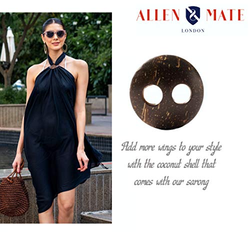ALLEN & MATE Womens Cotton Beach Cover Up Sarong Pareo Swimsuit Cover-Up Wrap Skirt Many Solid Colours with Coconut Shell