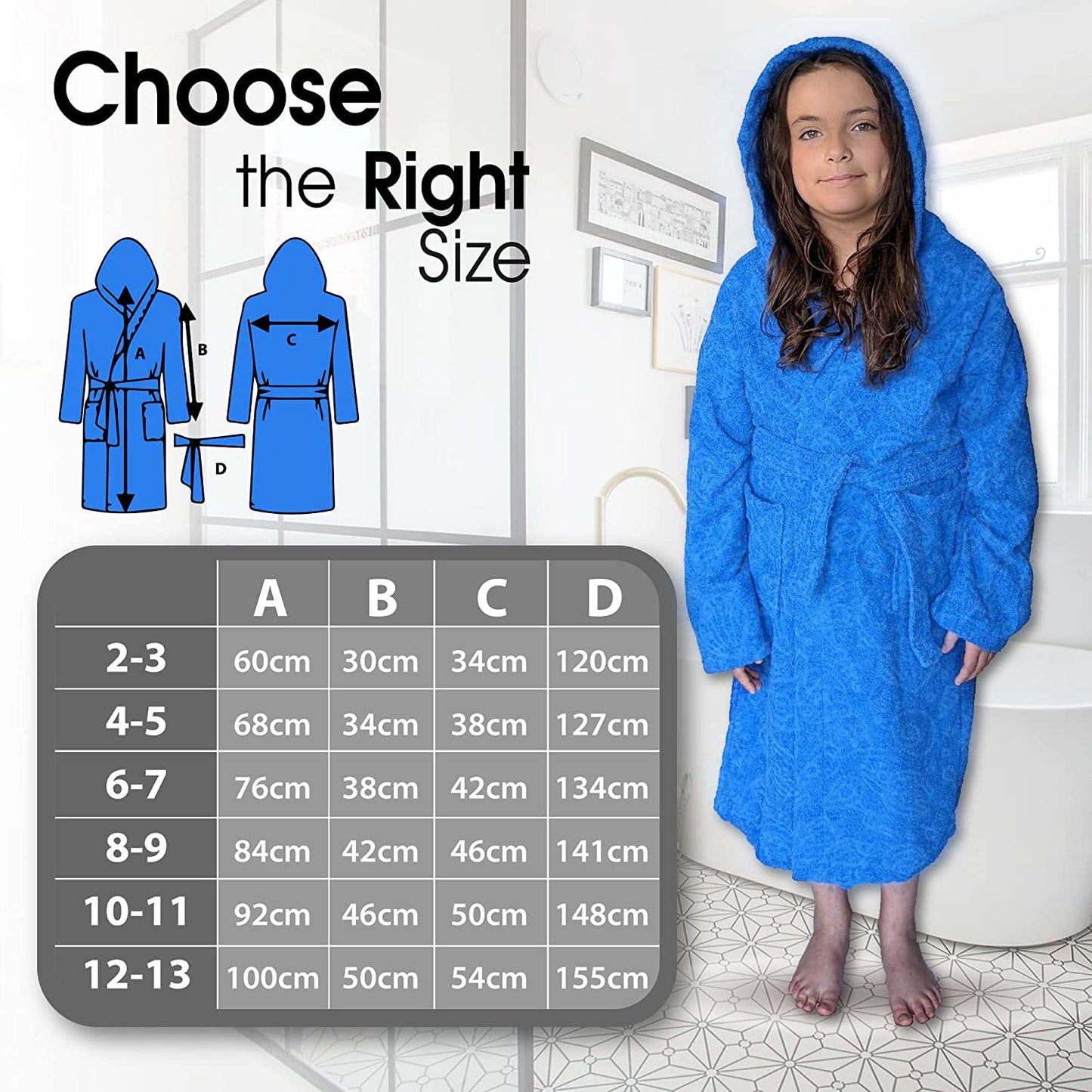 ALLEN & MATE Children 100% Cotton Hooded Bathrobe for Kids Boys Girls Soft Terry Towel Dressing Gown 2-13 Years