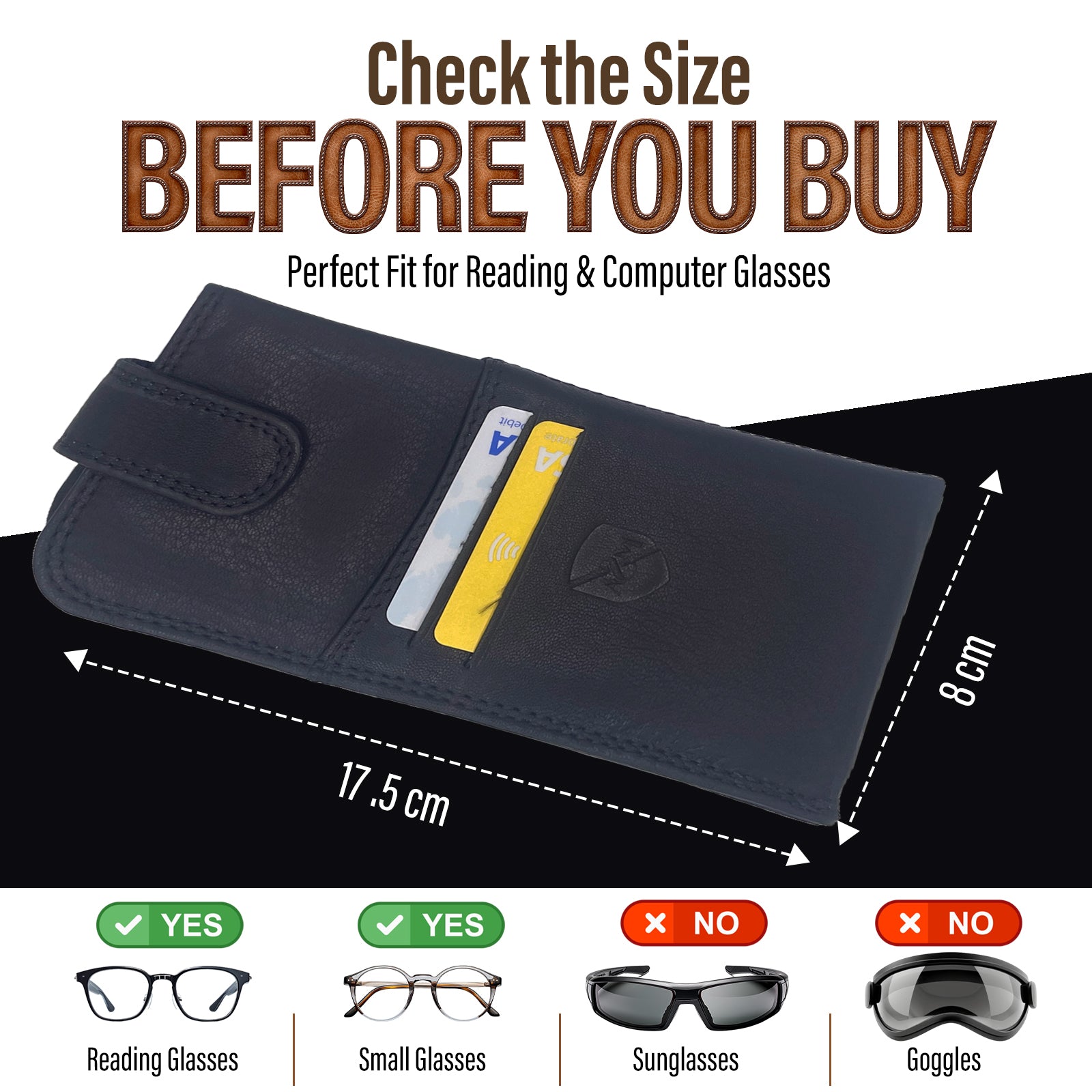 ALLEN & MATE 100% Leather Slim Glasses Case for Reading and Computer Glasses for Men/Women with Optional Inbuilt Card Holder