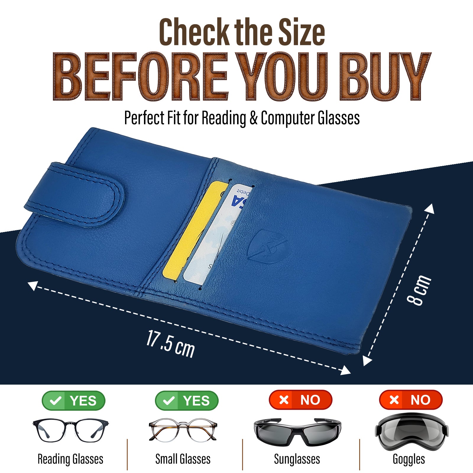 ALLEN & MATE 100% Leather Slim Glasses Case for Reading and Computer Glasses for Men/Women with Optional Inbuilt Card Holder