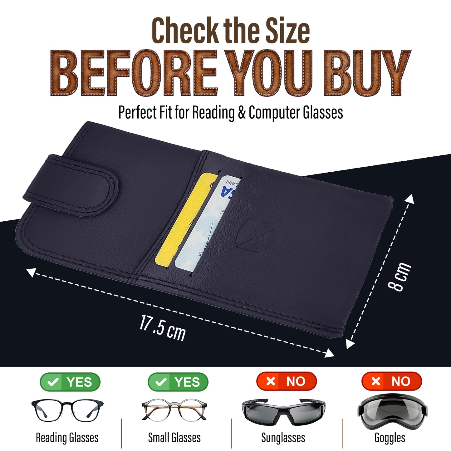 ALLEN & MATE 100% Leather Slim Glasses Case for Reading and Computer Glasses for Men/Women with Optional Inbuilt Card Holder