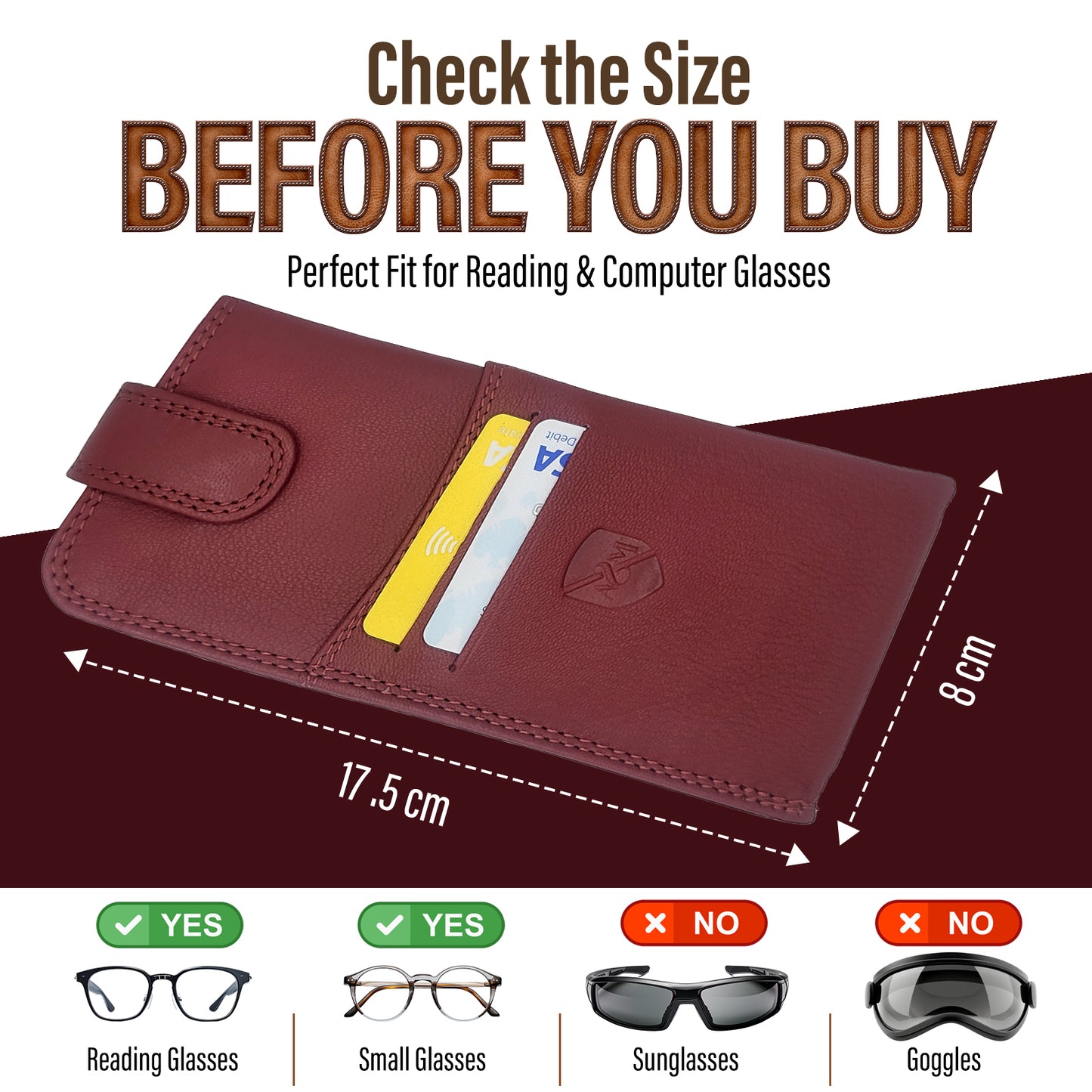 ALLEN & MATE 100% Leather Slim Glasses Case for Reading and Computer Glasses for Men/Women with Optional Inbuilt Card Holder