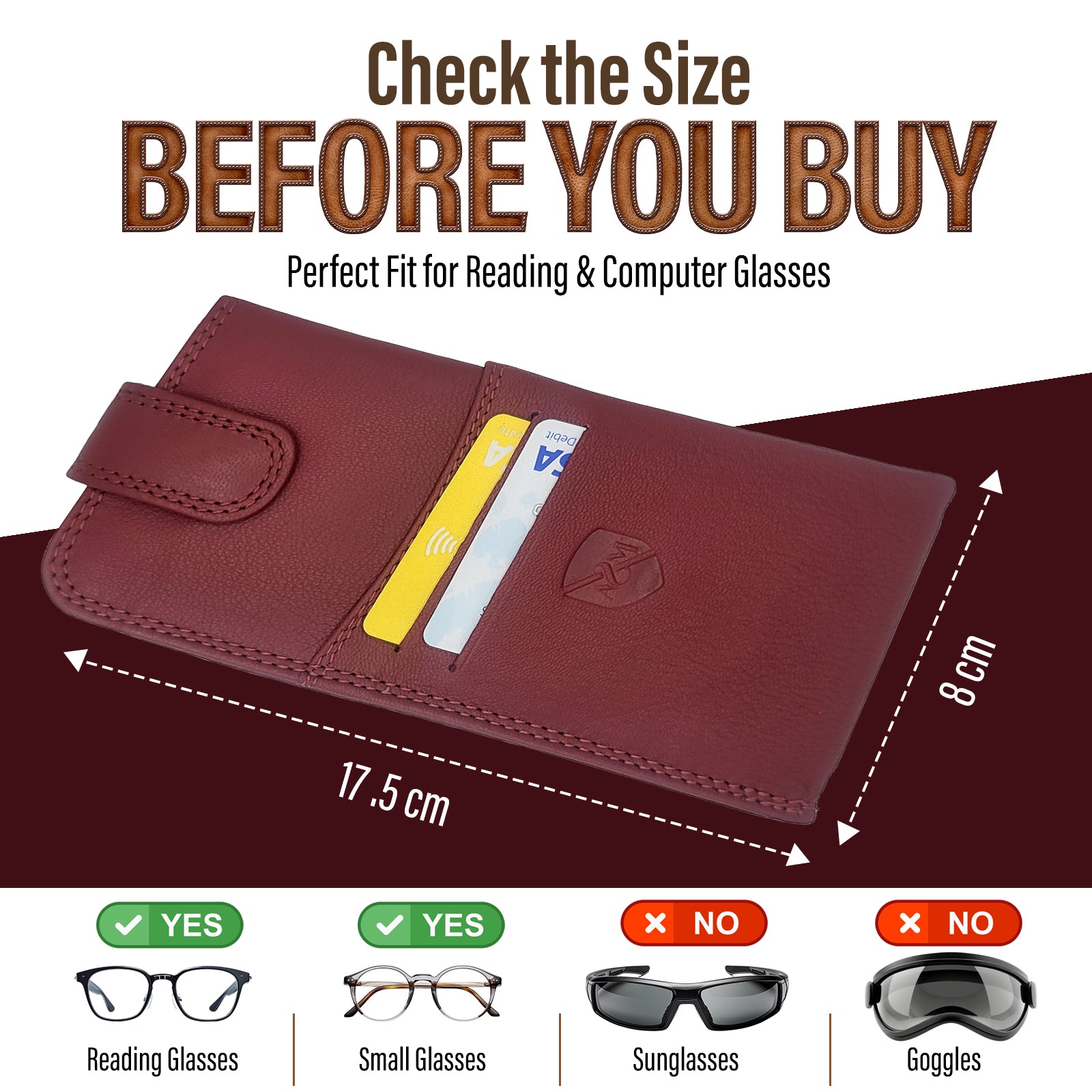 ALLEN & MATE 100% Leather Slim Glasses Case for Reading and Computer Glasses for Men/Women with Optional Inbuilt Card Holder