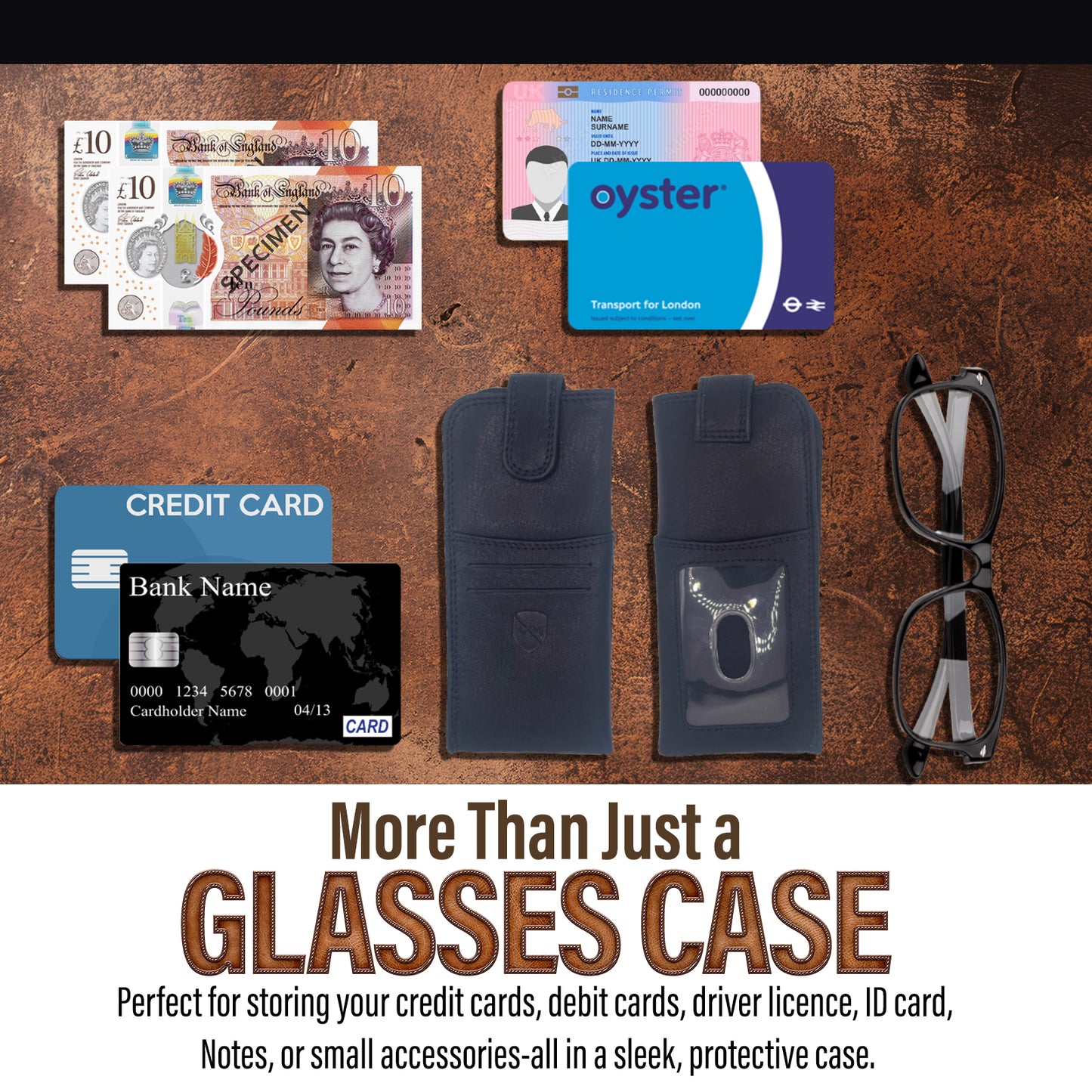 ALLEN & MATE 100% Leather Slim Glasses Case for Reading and Computer Glasses for Men/Women with Optional Inbuilt Card Holder