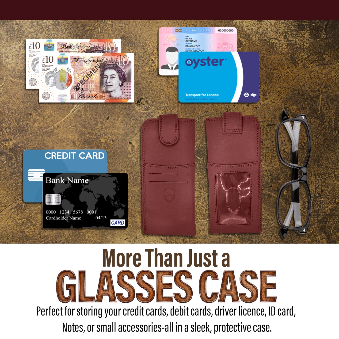 ALLEN & MATE 100% Leather Slim Glasses Case for Reading and Computer Glasses for Men/Women with Optional Inbuilt Card Holder