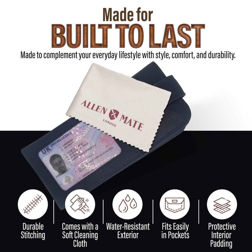 ALLEN & MATE 100% Leather Slim Glasses Case for Reading and Computer Glasses for Men/Women with Optional Inbuilt Card Holder