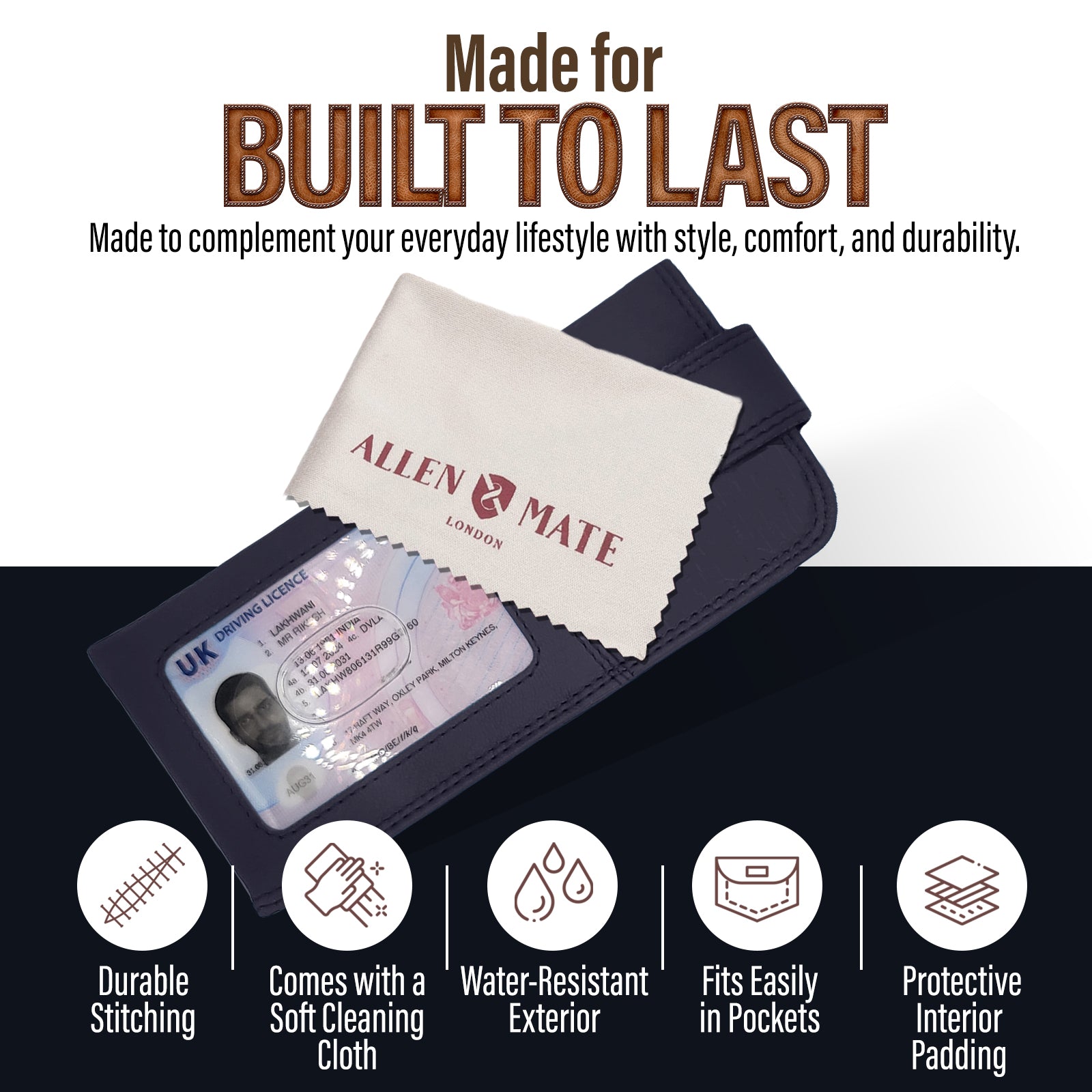 ALLEN & MATE 100% Leather Slim Glasses Case for Reading and Computer Glasses for Men/Women with Optional Inbuilt Card Holder