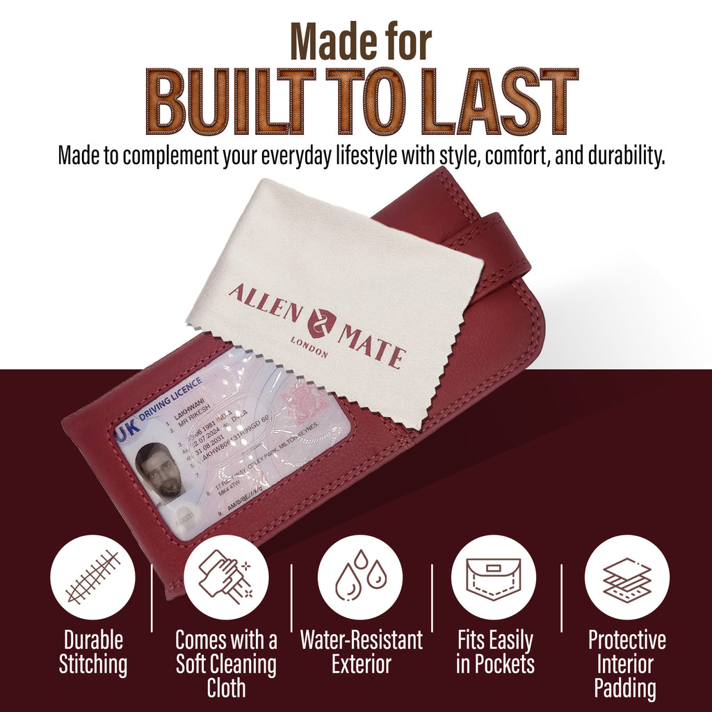 ALLEN & MATE 100% Leather Slim Glasses Case for Reading and Computer Glasses for Men/Women with Optional Inbuilt Card Holder