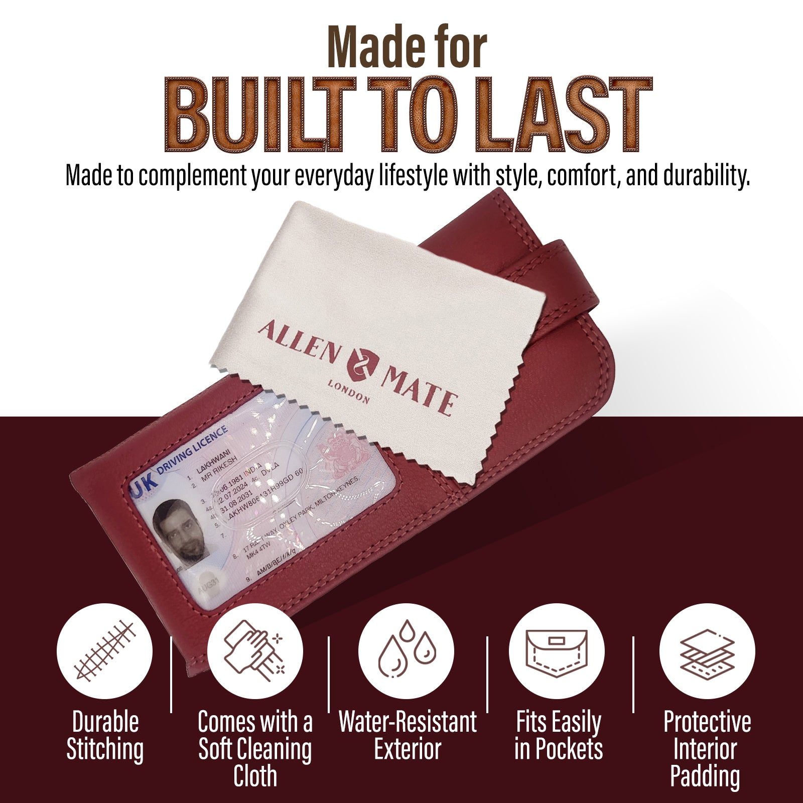 ALLEN & MATE 100% Leather Slim Glasses Case for Reading and Computer Glasses for Men/Women with Optional Inbuilt Card Holder