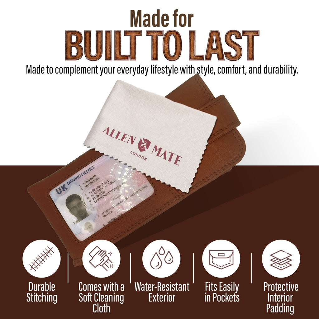 ALLEN & MATE 100% Leather Slim Glasses Case for Reading and Computer Glasses for Men/Women with Optional Inbuilt Card Holder