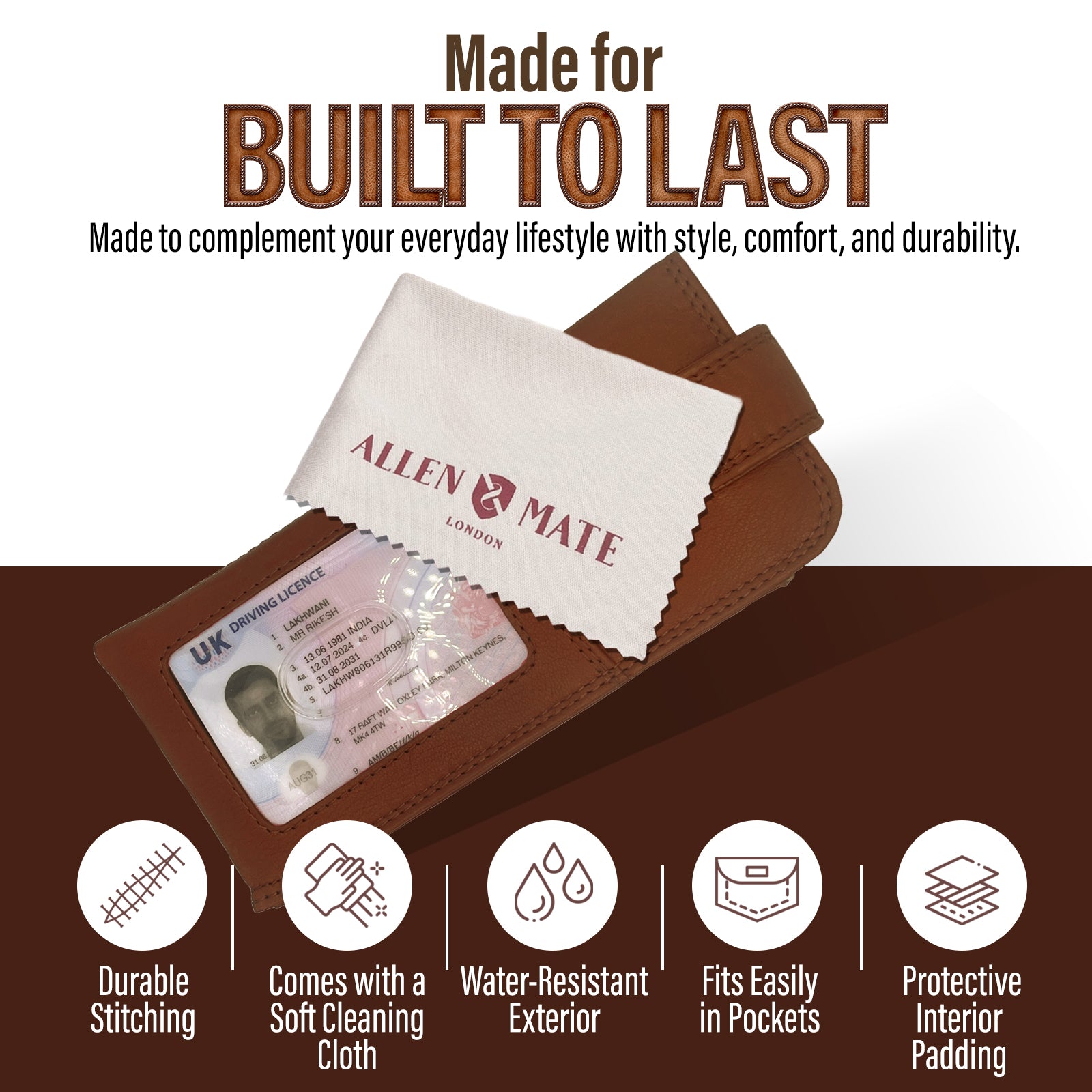 ALLEN & MATE 100% Leather Slim Glasses Case for Reading and Computer Glasses for Men/Women with Optional Inbuilt Card Holder