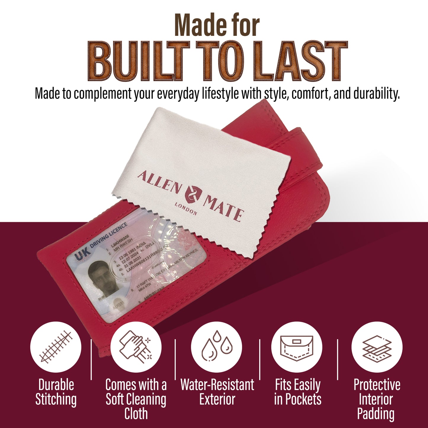 ALLEN & MATE 100% Leather Slim Glasses Case for Reading and Computer Glasses for Men/Women with Optional Inbuilt Card Holder