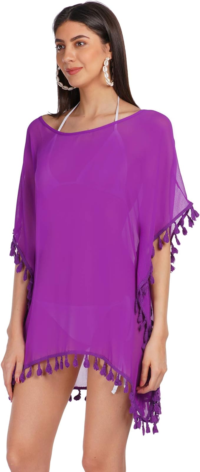 ALLEN & MATE Chiffon Tassel Swimsuit Beach Bathing Suit Cover Ups for Women Summer Casual Swimwear Bikini Beach Dress Swim Bathing Suit