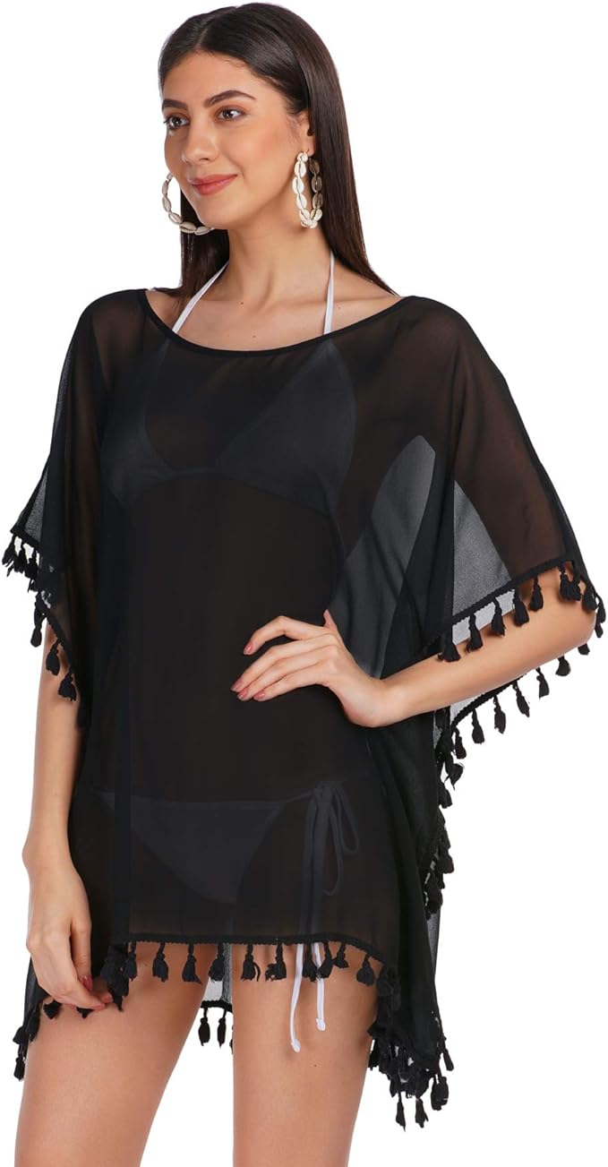 ALLEN & MATE Chiffon Tassel Swimsuit Beach Bathing Suit Cover Ups for Women Summer Casual Swimwear Bikini Beach Dress Swim Bathing Suit