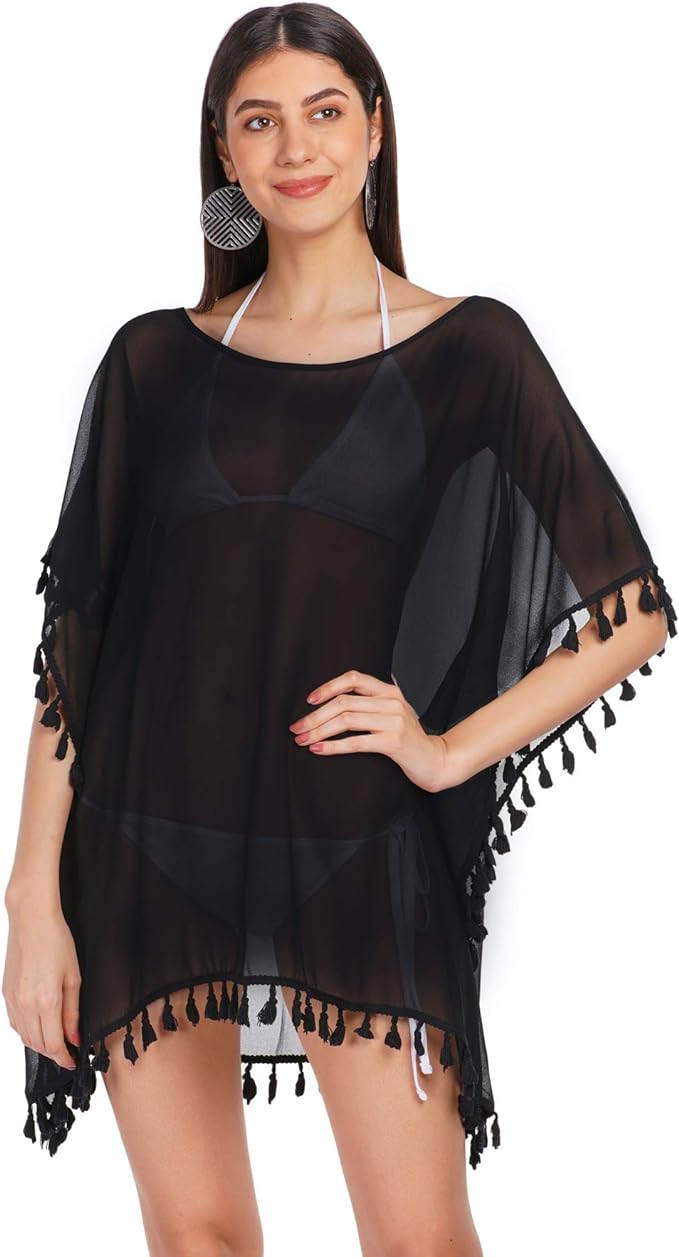 ALLEN & MATE Chiffon Tassel Swimsuit Beach Bathing Suit Cover Ups for Women Summer Casual Swimwear Bikini Beach Dress Swim Bathing Suit