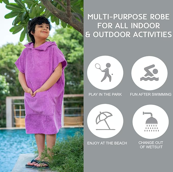 ALLEN & MATE Hooded Towel Poncho for Kids, 100% Cotton Changing Robe for Boys Girls for Beach, Swimming, Surfing, Bathing, Watersports, Indoor & Outdoor Activities