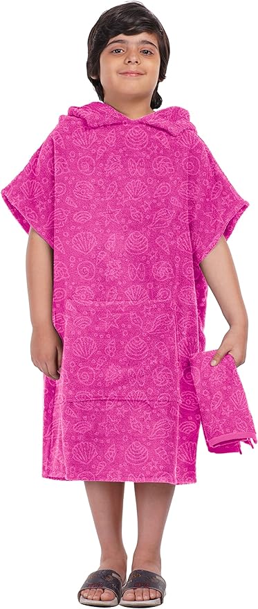 ALLEN & MATE Hooded Towel Poncho for Kids, 100% Cotton Changing Robe for Boys Girls for Beach, Swimming, Surfing, Bathing, Watersports, Indoor & Outdoor Activities