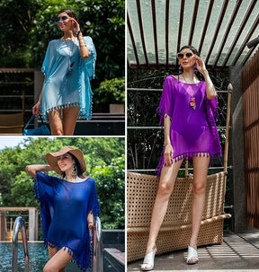 ALLEN & MATE Chiffon Tassel Swimsuit Beach Bathing Suit Cover Ups for Women Summer Casual Swimwear Bikini Beach Dress Swim Bathing Suit